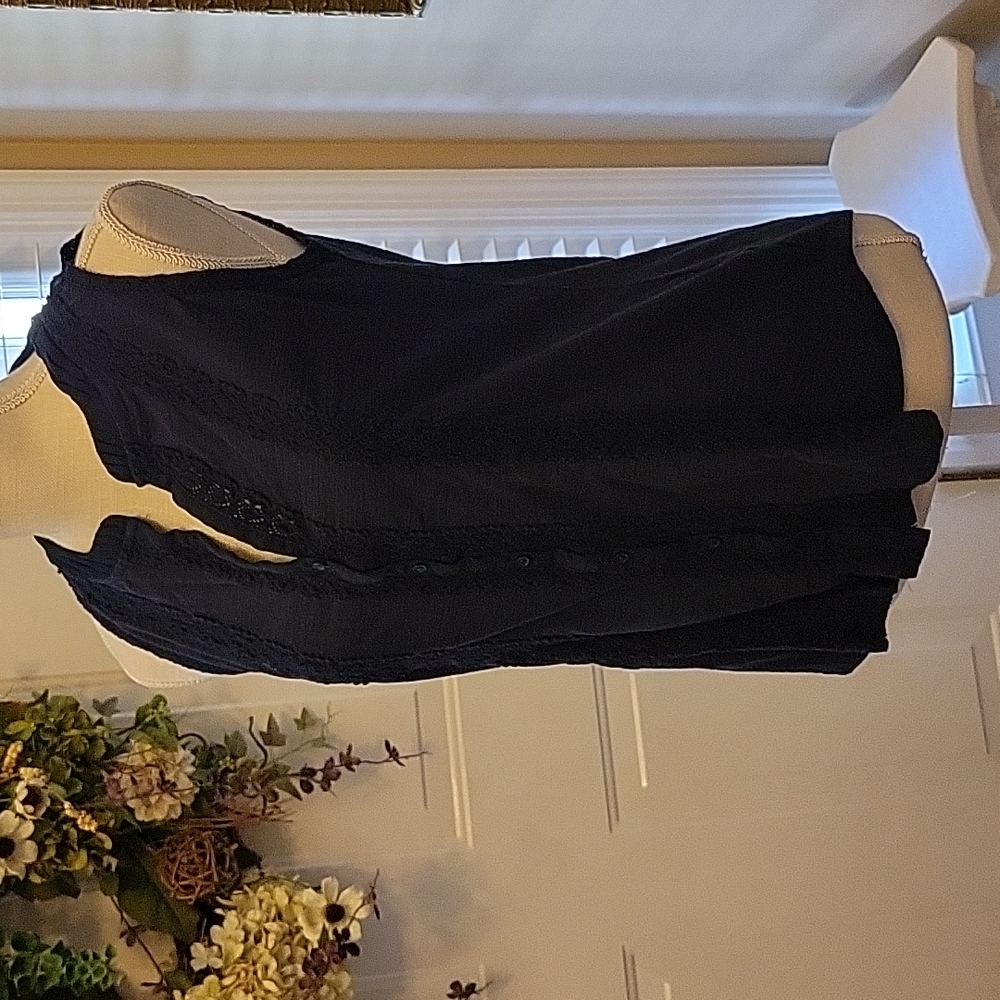 For Cynthia navy blue sleeveless button front lace trim sheer shoulder Sm EUC …